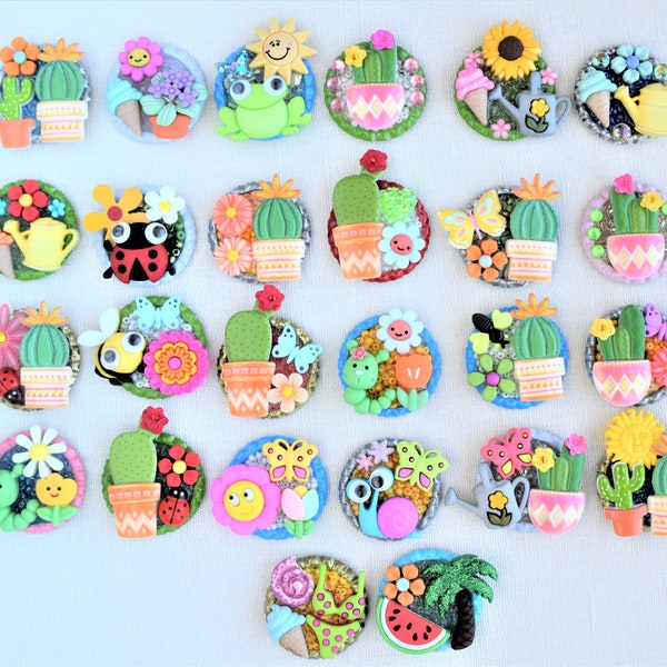 Spring and Summer Refrigerator Magnets, Pins, Pins With Magnetic Backs, Key Chains, Backpack Clips and Retractable Reel ID Badge Holders