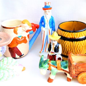 Figurki i kubki z okupowanej Japonii z lat 40. XX wieku, porcelana, ceramika i biskwit