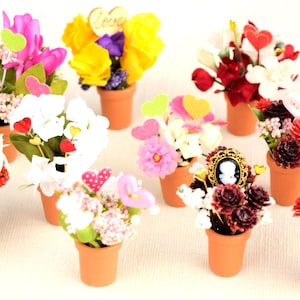 Könnte beinhalten: Eine Sammlung von Miniatur-Blumenarrangements in kleinen Terrakotta-Töpfen. Die Blumen sind in verschiedenen Farben, darunter Rot, Weiß, Gelb, Lila und Rosa. Einige Arrangements haben herzförmige Dekorationen.