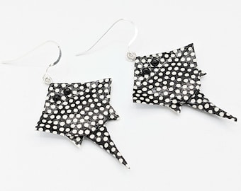 Origami stingray earrings, paper jewelry, black and white, fish earrings, polka dots, black diamond stingray