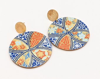 Paper and wood statement earrings, blue orange and gold chiyogami paper, geometric circle earrings, boho earrings