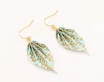 Origami leaf earrings, teal and gold, chiyogami paper, light weight