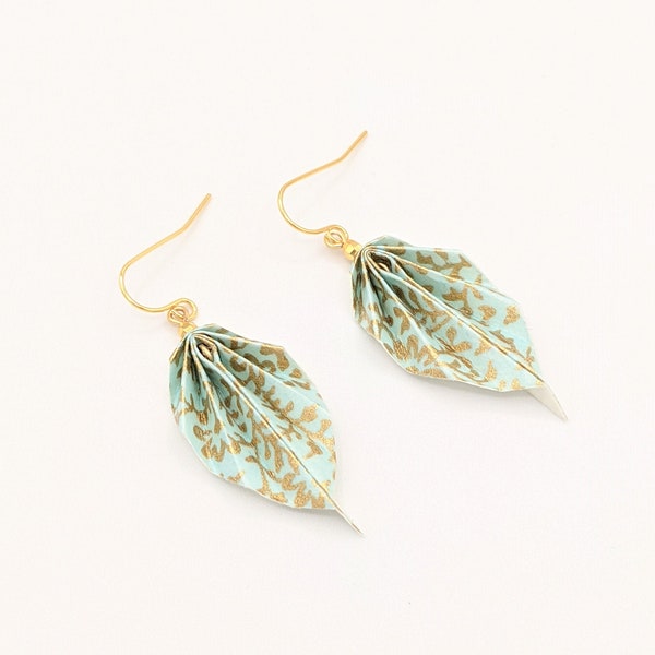 Origami leaf earrings, teal and gold, chiyogami paper, light weight