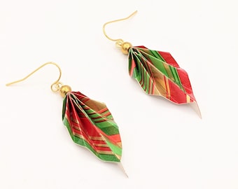Origami leaf earrings, red and green origami paper, light weight, christmas earrings