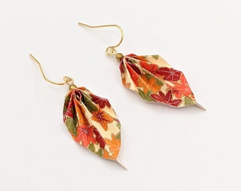 Origami leaf earrings, orange and green, leaves pattern chiyogami paper, light weight, fall earrings