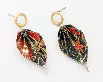 Origami leaf earrings, black and red, chiyogami paper, light weight