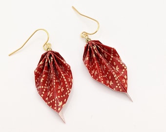 Origami leaf earrings, red and gold, chiyogami paper, light weight