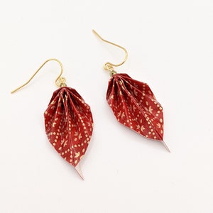 Origami leaf earrings, red and gold, chiyogami paper, light weight
