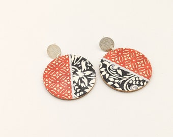 Paper and wood statement earrings, orange and black chiyogami paper, geometric circle earrings, mixed prints
