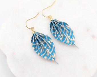 Origami leaf earrings, blue and white, chiyogami Japanese paper, light weight