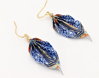 Origami leaf earrings, blue and orange, chiyogami paper, light weight