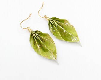 Origami leaf earrings, green and gold, chiyogami Japanese paper, light weight