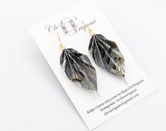 Origami leaf earrings, gray and gold, chiyogami Japanese paper, light weight