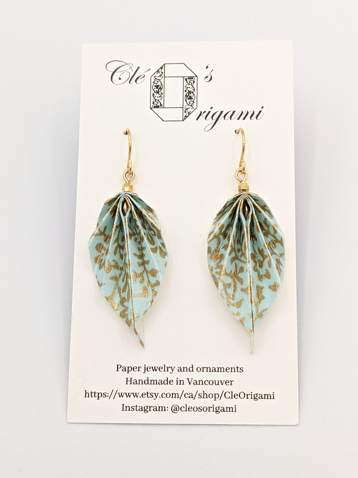 Origami Leaf Earrings Teal and Gold Chiyogami Paper Light Etsy