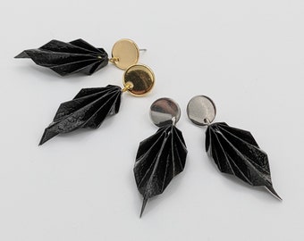 Origami leaf earrings, black leather imitation paper, light weight, gold or silver stud