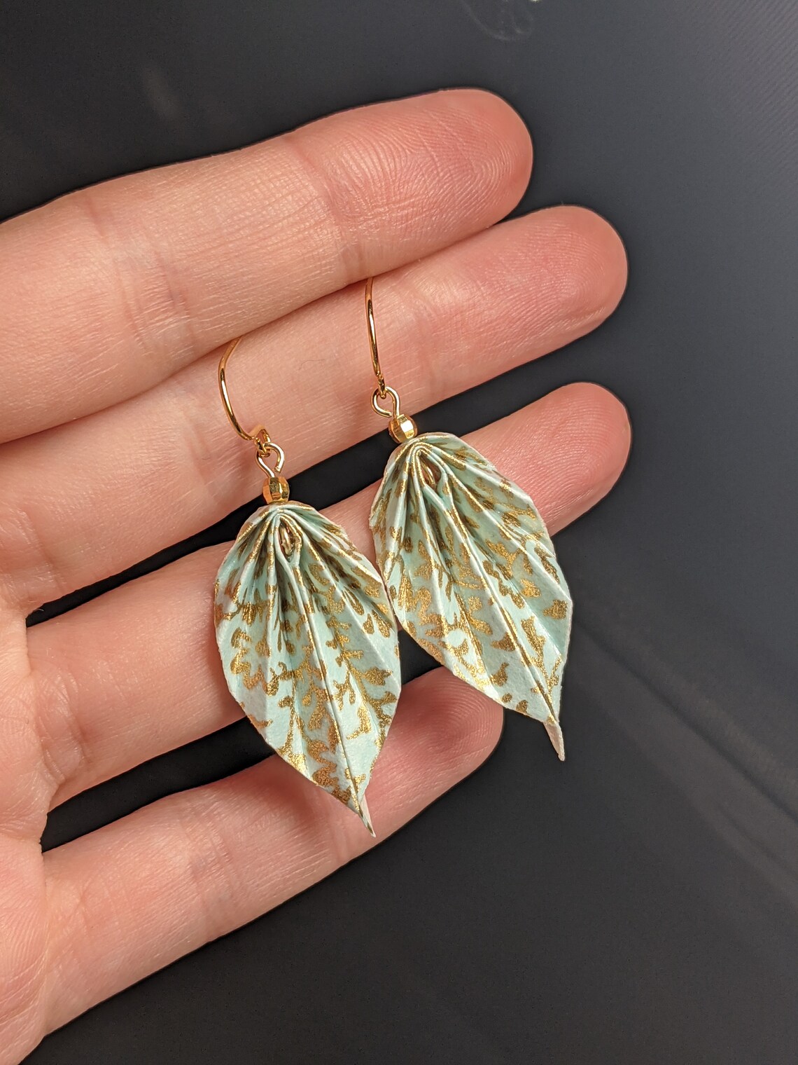 Origami Leaf Earrings Teal and Gold Chiyogami Paper Light Etsy