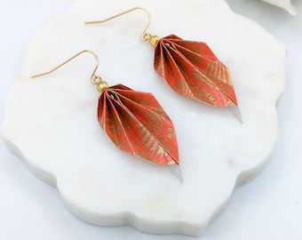 Origami leaf earrings, dark orange and gold, chiyogami paper, light weight