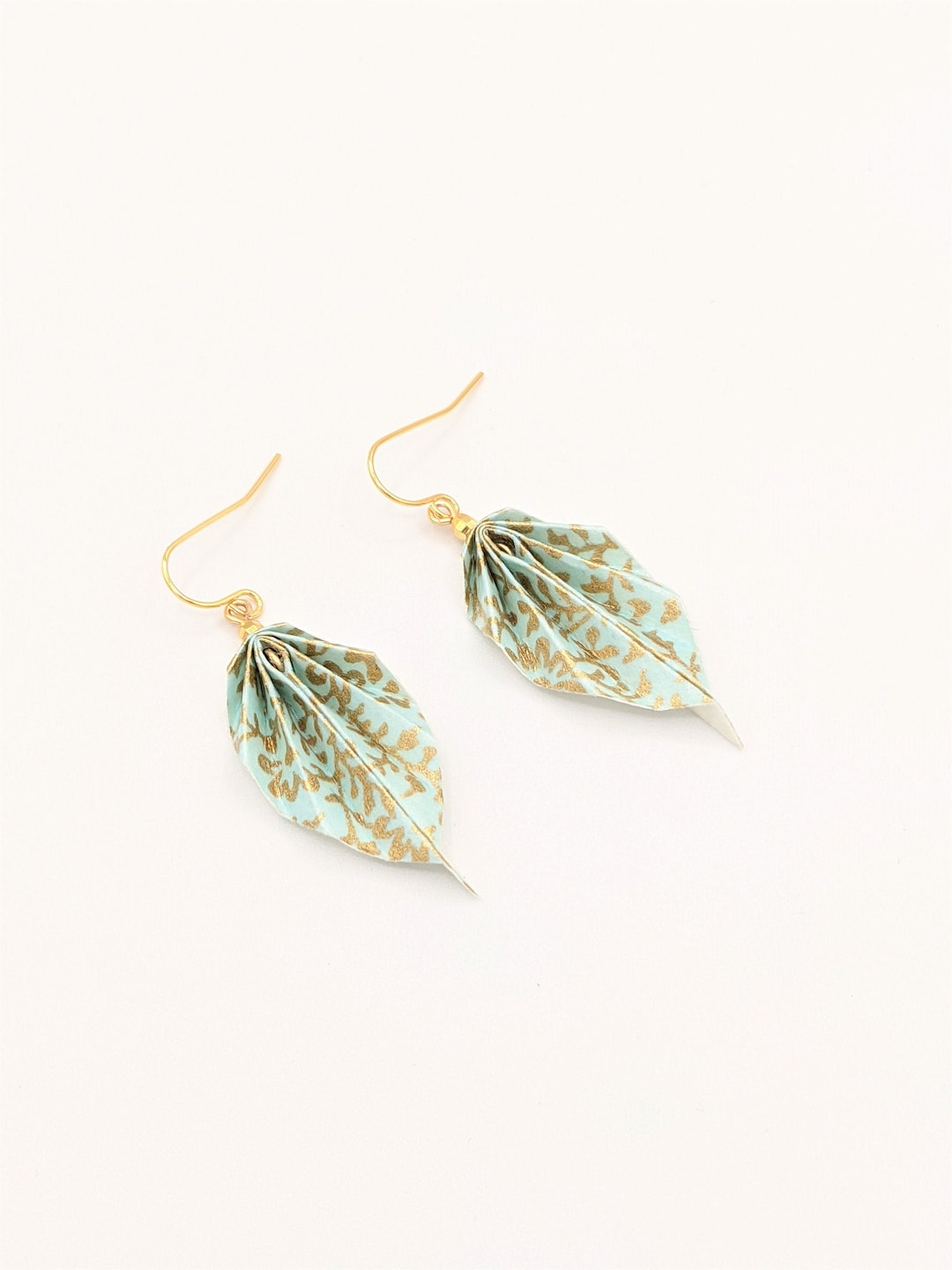 Origami Leaf Earrings, Teal and Gold, Chiyogami Paper, Light Weight Etsy