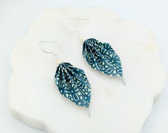 Origami leaf earrings,dark green,teal and silver, chiyogami paper, light weight