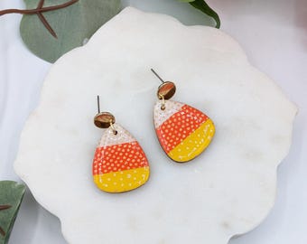 Paper and wood statement earrings, Candy corn earrings for Halloween, Japanese paper