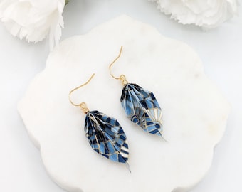 Origami leaf earrings, blue and gold, chiyogami Japanese paper, light weight