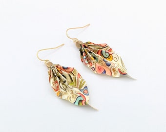 Origami leaf earrings, beige and gold, chiyogami paper, light weight