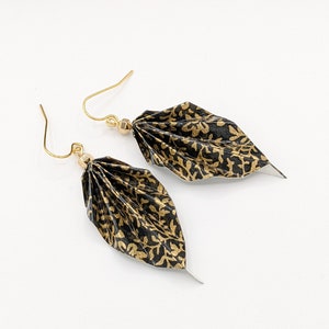 Origami leaf earrings, black and gold, chiyogami paper, light weight