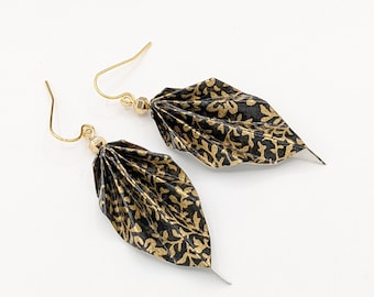 Origami leaf earrings, black and gold, chiyogami paper, light weight