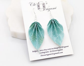 Origami leaf earrings,teal and silver, chiyogami paper, light weight