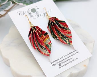 Origami leaf earrings, red and gold, chiyogami Japanese paper, light weight