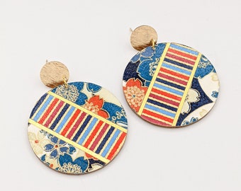 Paper and wood statement earrings, blue orange and gold chiyogami paper, geometric circle earrings, mixed prints