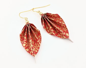 Origami leaf earrings, red and gold, chiyogami paper, light weight