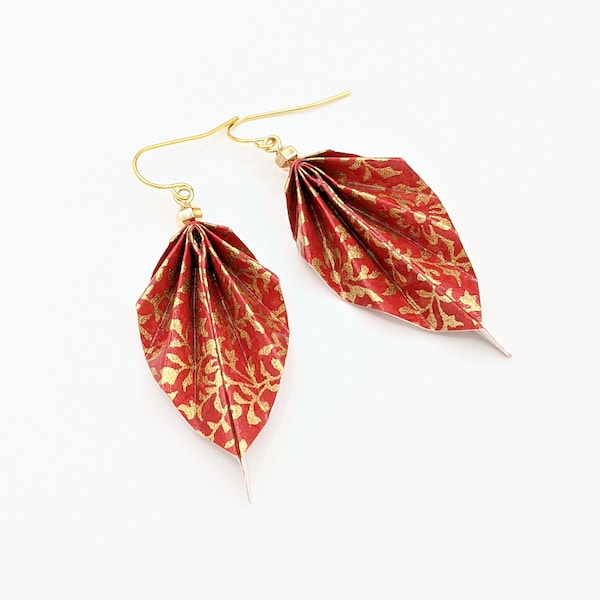 Origami leaf earrings, red and gold, chiyogami paper, light weight