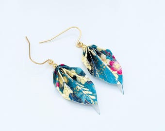 Origami leaf earrings, turquoise and fushia floral pattern, chiyogami paper, light weight