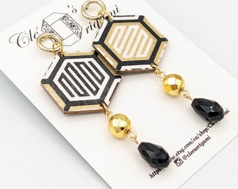 Paper and wood statement earrings, black and gold chiyogami paper, with hematite and glass beads, hexagon