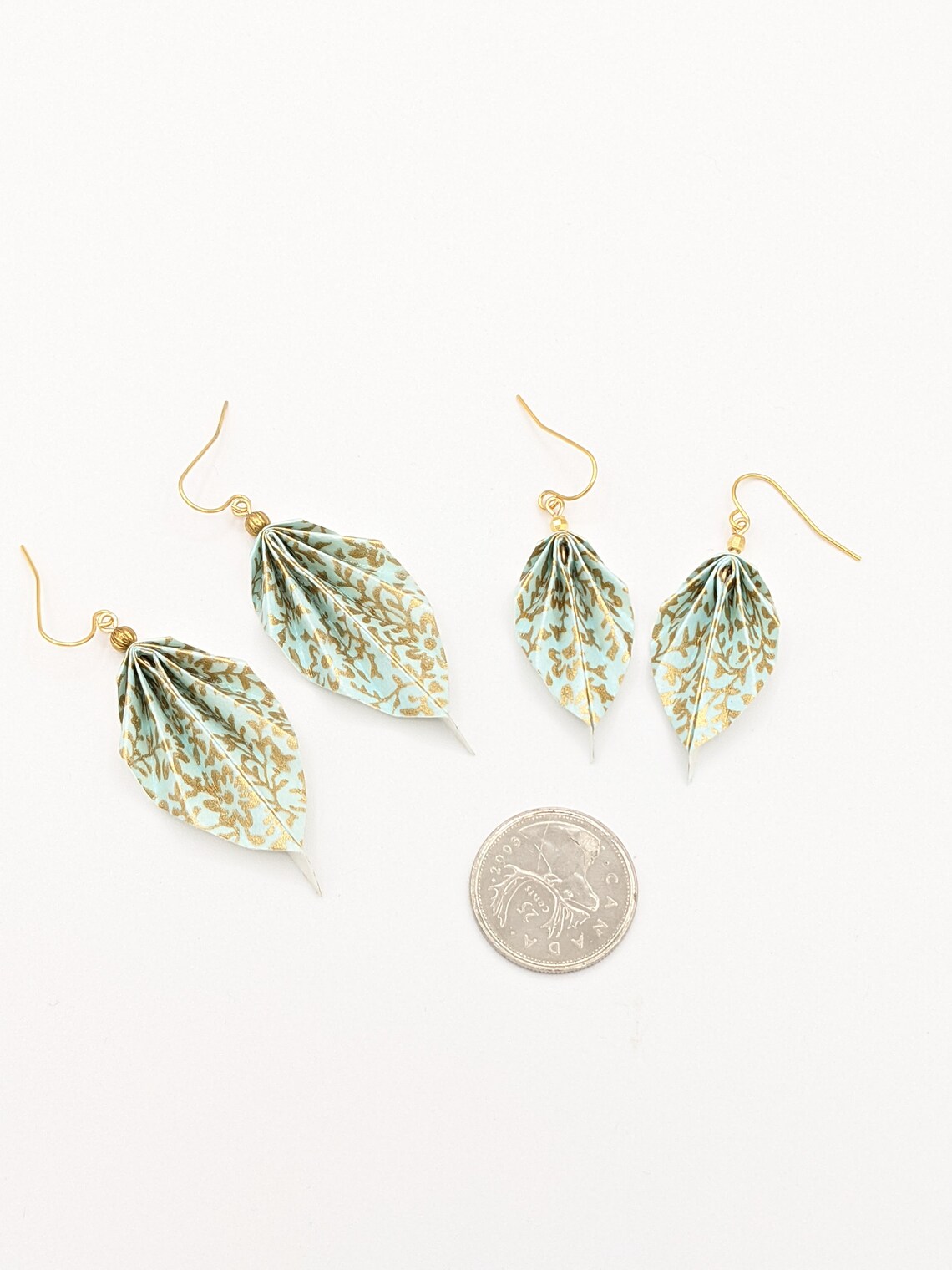Origami Leaf Earrings Teal and Gold Chiyogami Paper Light Etsy
