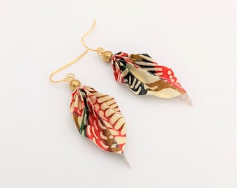 Origami leaf earrings, red and green origami paper, light weight