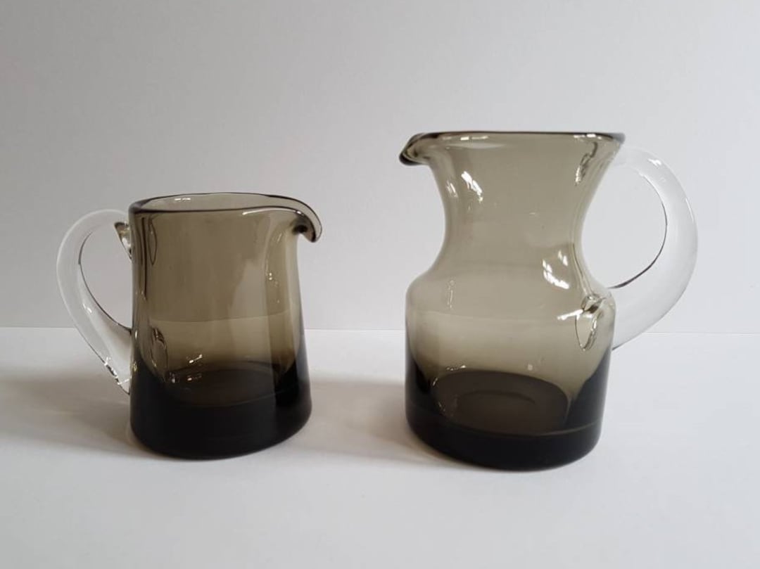 2 Small Krosno Smoked Glass Jugs Poland Hand Blown Vintage Glass. Cream