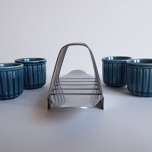 4 Blue ceramic Egg Cups by Sadler, and a Toast Rack in 18/8 Stainless Steel. Vintage Breakfast Set - 1970's, Good Condition.