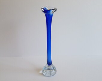 Tall Swedish Ultramarine Blue Aseda Stem/Bud Vase with Trapped Bubble Base. 10.5" / 27cm High, Mid Century Specimen Vase - Hand Blown.