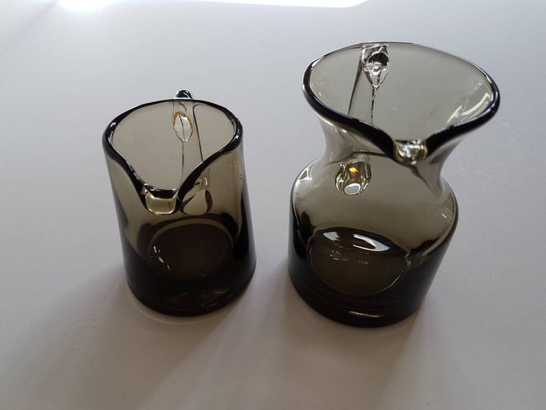 2 Small Krosno Smoked Glass Jugs Poland Hand Blown Vintage Glass. Cream
