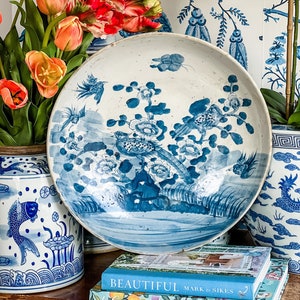 XL Chinoiserie Porcelain Shallow Bowl: Bird & Floral Decor (16 inch)