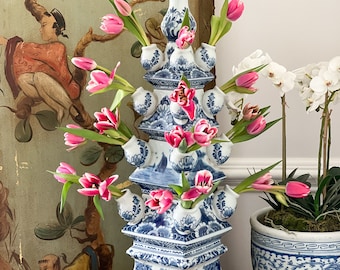 Fantastic 22.5” Tall 4-Piece Floral & Boat Scene Chinoiserie Tulipiere (Ships in Approx. 2 Weeks)