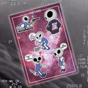 Visitors Sticker Sheet || Aliens, Ufos, Cryptids, Greys, Kawaii, Cute, Sci-fi, Pink, Pastel, Galaxy, Anti-Social, Invader, Japanese, Knife