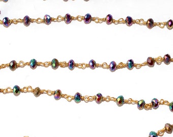 Peacock Pyrite Beaded Gold Plated Wire Wrapped Chain 5 Feet Beautiful Peacock Pyrite Beaded Chain 3mm Rosary Chain