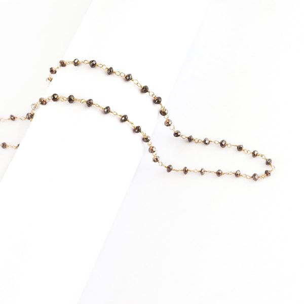 Natural Genuine Black DIAMOND AAA Gemstone 18K Solid Gold 2.5mm 3mm Bead Women Jewelry Making Necklace Rosary Chain Per INCH Birthstone