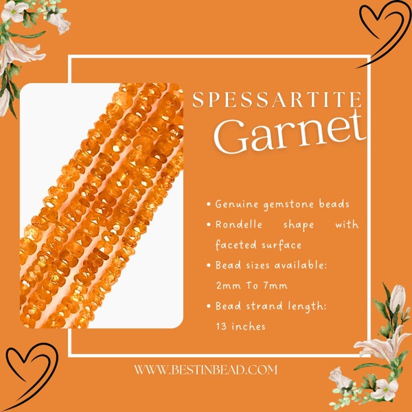 Spessartite Garnet Rondelle Gemstone Beads - Natural Semi Precious Bead Strand - Sizes 2mm to 7mm - Jewelry Making Supplies