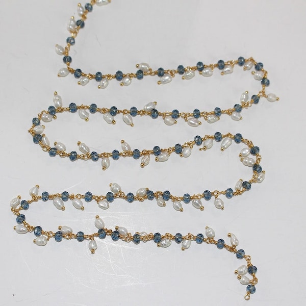 London Blue Topaz & Rice Freshwater Pearl Beaded Handmade Rosary Chain 24K gold plated over silver Women Jewelry Making DIY Wholesale Price