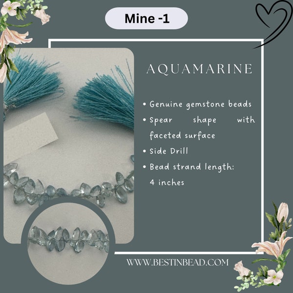 Aquamarine Faceted Spear 4 inch Bead Strand 4X7-5X9mm & 21 Cts Natural Semi Precious Gemstone Birthstone Women Jewelry Making Necklace DIY