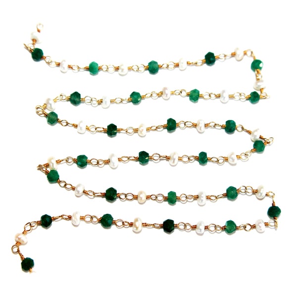 Natural Emerald and Freshwater Pearl Gemstone Faceted Rondelle Bead 3mm 24K Gold Plated Rosary Chain Women Jewelry Making Necklace Anklet